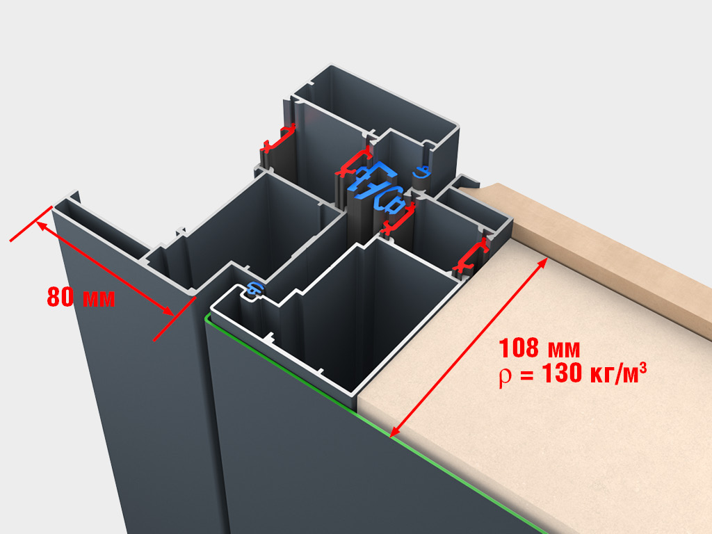 Алюминиевая дверь «ТЕРМО» с честным терморазрывом по раме и полотну! Терморазрыв обеспечивается вставками из особо прочного стеклонаполненного полиамида, создающего надежный термобарьер. В качестве заполнения полотна используется пенополиуретан, толщина заполнения — 108 мм.